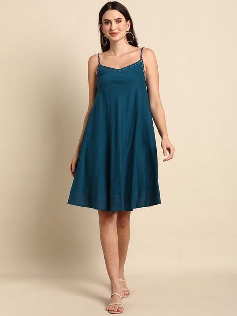 Janasya Blue Cotton A-Line Dress Price in India