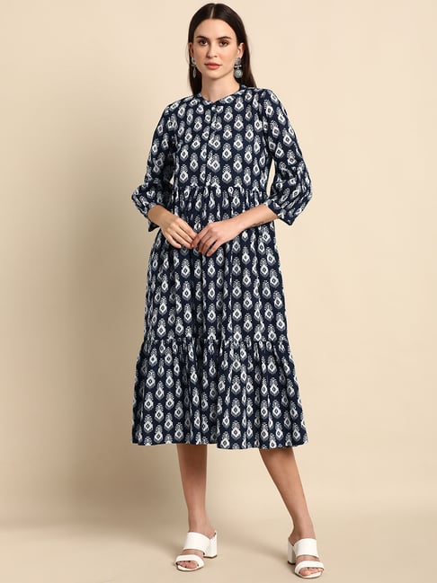Janasya Blue Cotton Printed A-Line Dress Price in India