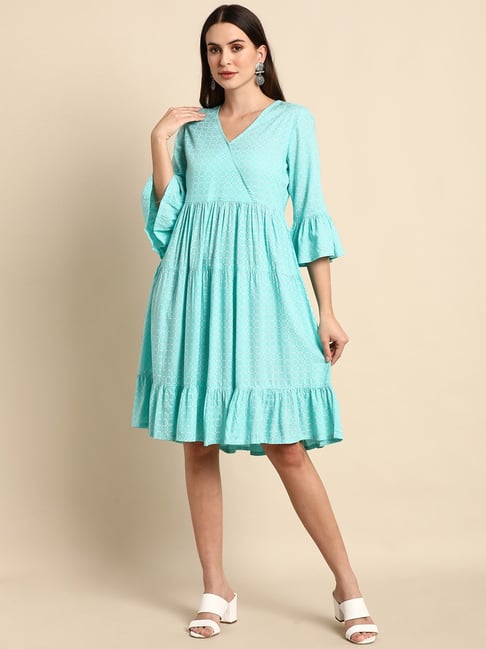 Janasya Turquoise Chequered A-Line Dress Price in India