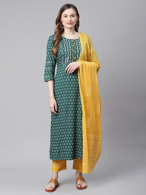 Sringam Green Printed Kurta With Pant & Dupatta Price in India