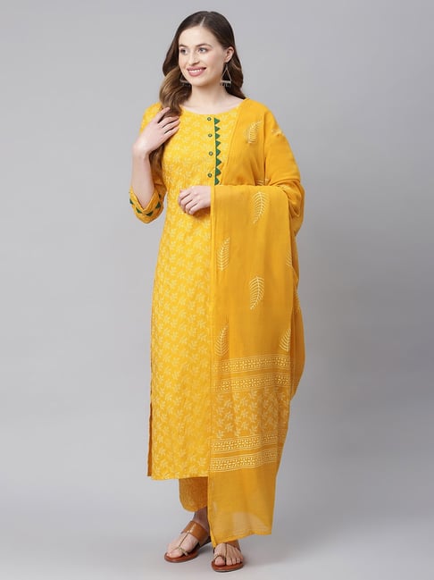 Sringam Yellow Printed Kurta With Pant & Dupatta Price in India