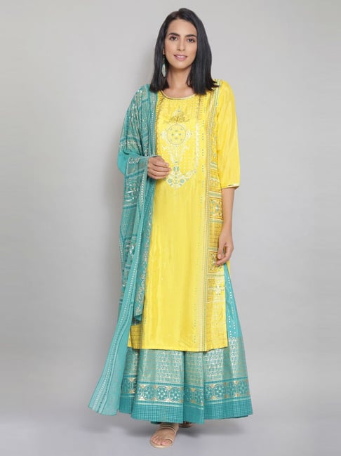 Aurelia Yellow & Green Printed Kurta Palazzo Set With Dupatta