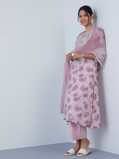 Vark by Westside Lilac Straight Kurta, Palazzos, Dupatta Set Price in India