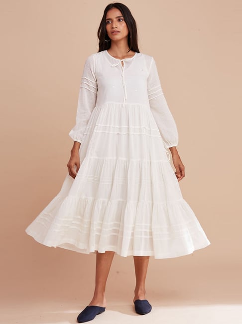 Folksong By W Off-White Cotton A-Line Dress