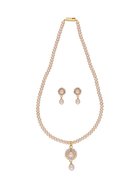 Sri Jagdamba Pearls Qushi Peach & Golden Alloy Necklace & Earring Set-image-10