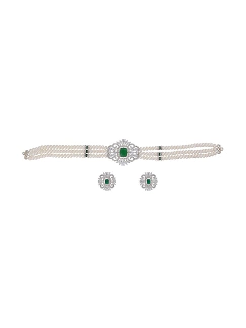 sri jagdamba pearls fatema green & pearl white alloy necklace & earring set
