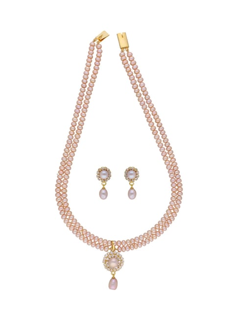 Sri Jagdamba Pearls Siddhi Peach & Golden Alloy Necklace & Earring Set-image-11