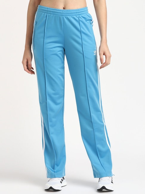 Women's Blue and White Cotton Blend Solid Trackpant