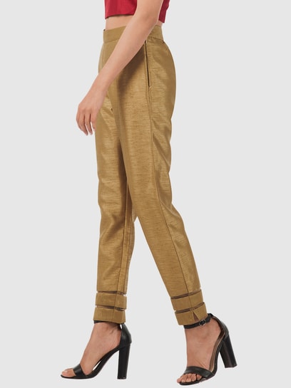 Buy Gold Solid Trousers Online - Aurelia