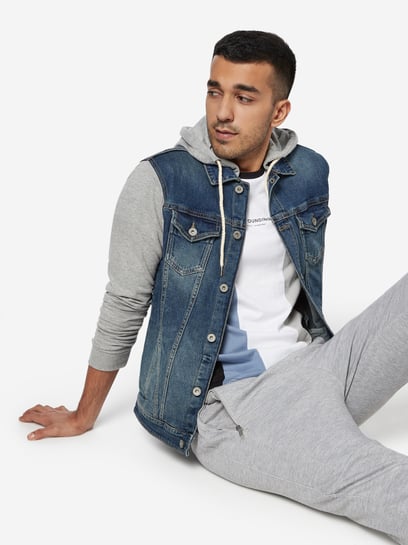 denim jacket with gray sleeves