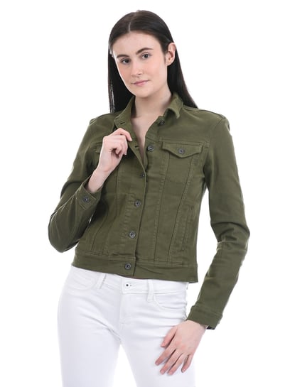 Buy online Women Olive Solid Denim Jacket from jackets and blazers and coats  for Women by Showoff for ₹1440 at 60% off | 2024 Limeroad.com