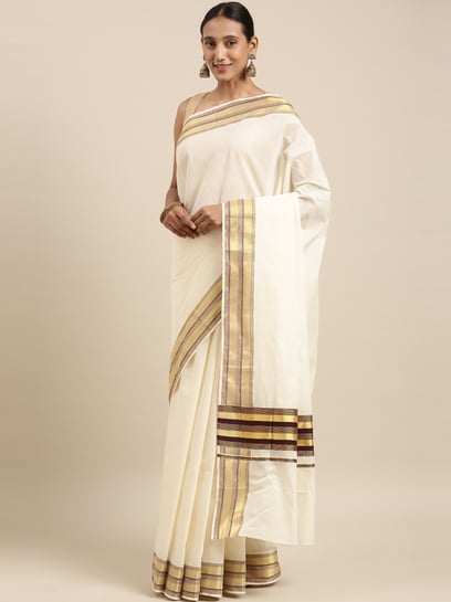 Buy R SELVAMANI TEX RST White Embroidered Kerala Kasavu Regular Saree ,  Without blouse Online at Low Prices in India - Paytmmall.com