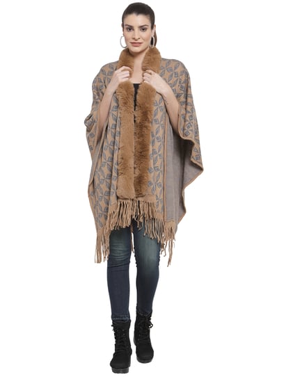 Mafadeny Light Brown Self Design Poncho 