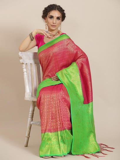 Partywear Pink & Light Khaki Green Modal Tissue Silk Saree –  Shoubhitsfashion