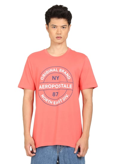 Buy Aeropostale Men Coral Red Crew Neck Brand Print T-Shirt