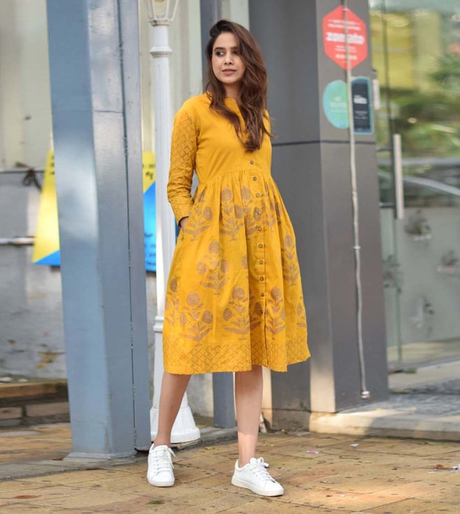 mustard fit and flare dress