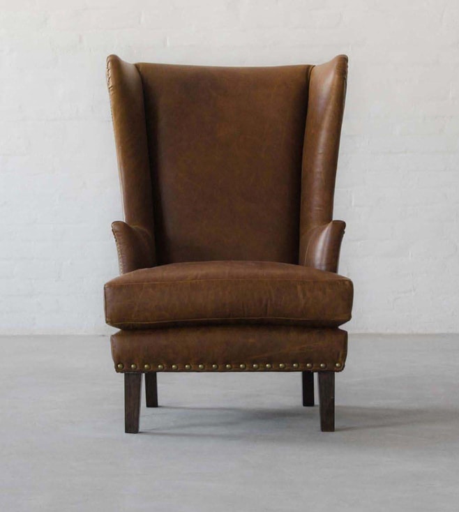 Candolim Leather Wingback Chair, Winged Leather Chair