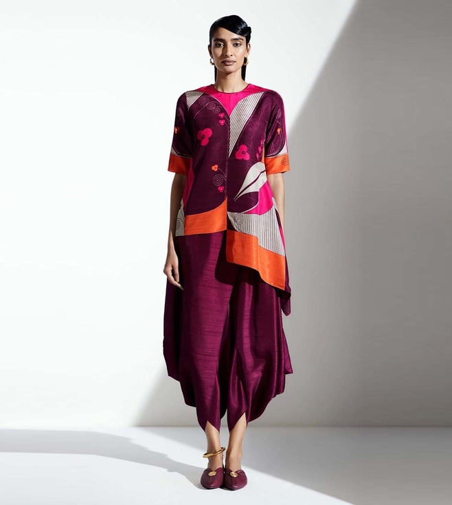 AMPM Zahia Burgundy Dhoti Pants In Silk 