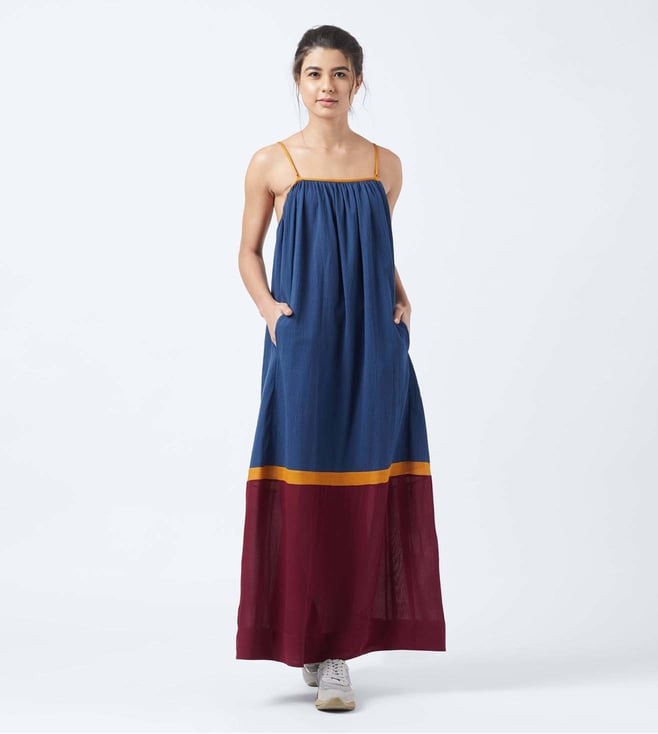 blue silk backless dress