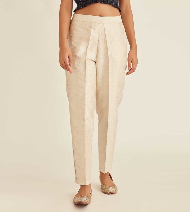 Buy PANIT Women Gold Toned Regular Fit Solid Silk Cigarette Trousers   Trousers for Women 7759130  Myntra