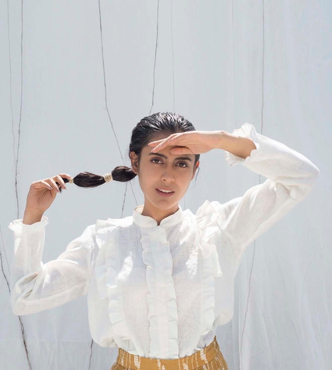 Buy Auruhfy White Linen Ruffle Top 