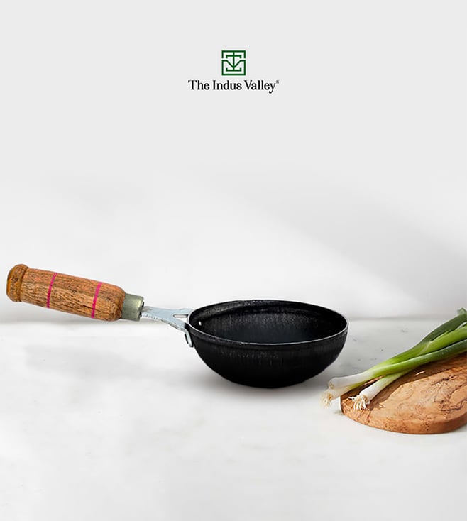 Buy Indus Valley Black Pre Seasoned Iron Tadka Pan with Wood Handle