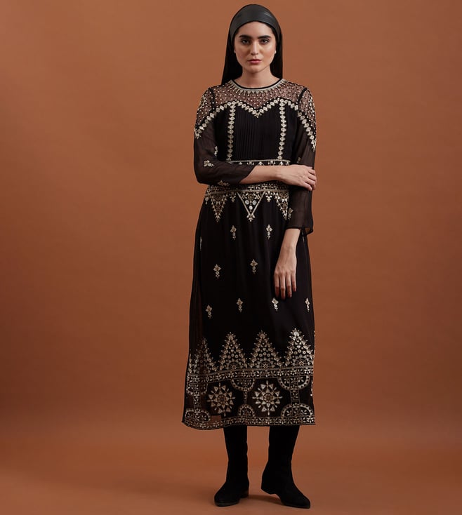 ritu kumar black embroidered dress RI Ritu Kumar Black Floral Embroidered Dress