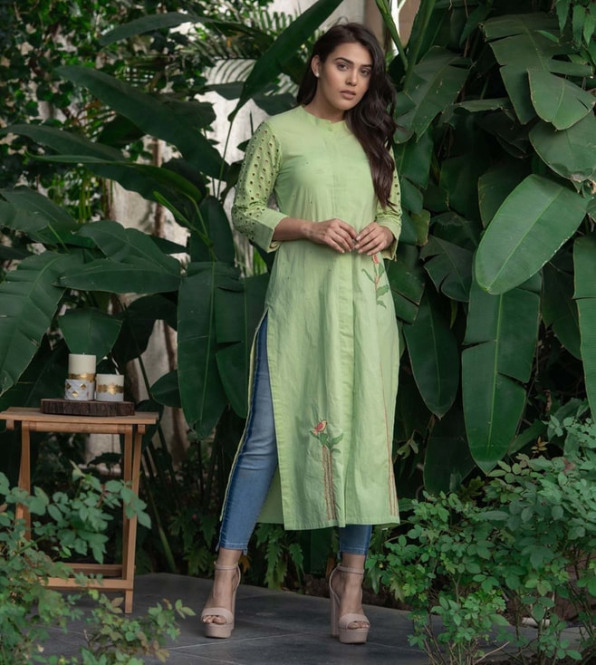 Rajnandini Womens Bottle Green Coloured Rayon Slub Embroidered Kurti   Rajnandini Fashion