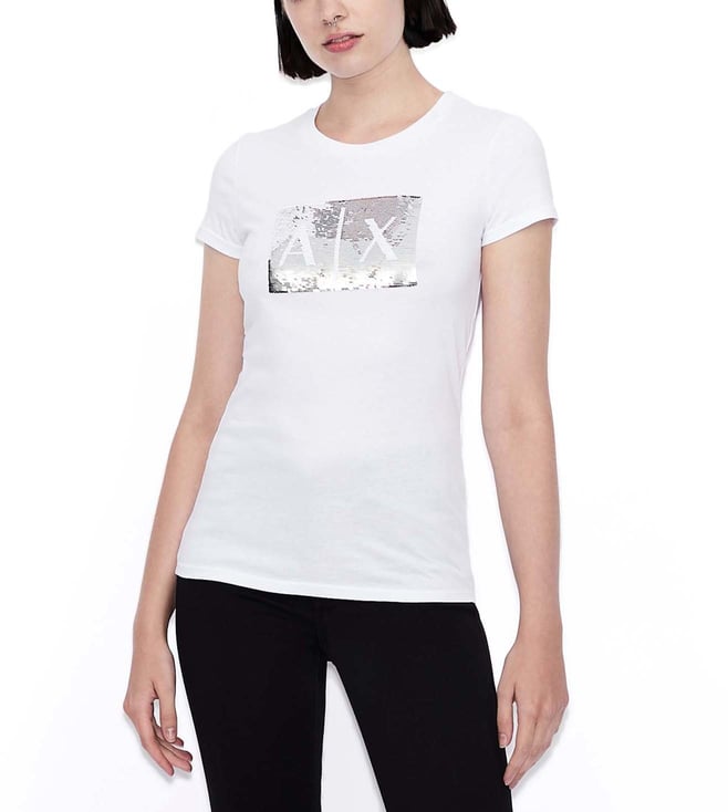 Buy Armani Exchange White Embellished Slim Fit T-Shirt for Women Online @  Tata CLiQ Luxury