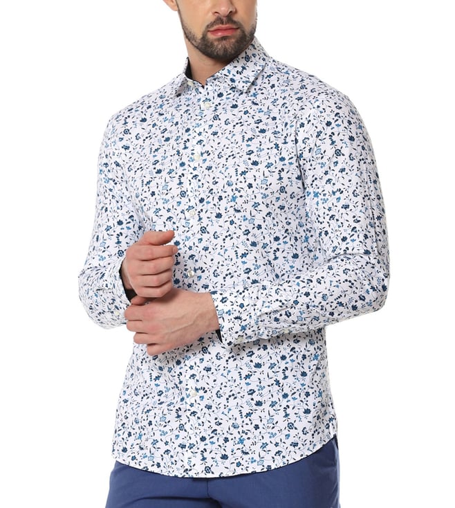 SELECTED HOMME White Floral Printed Organic Cotton Full Sleeves Shirt