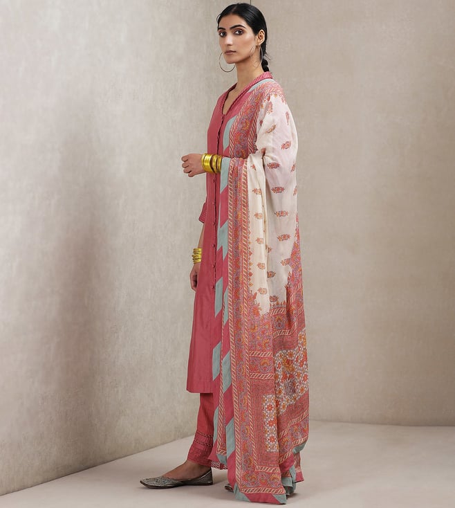 Buy Ritu Kumar Pink Cotton Silk Kurta & Pant with Dupatta Set Online