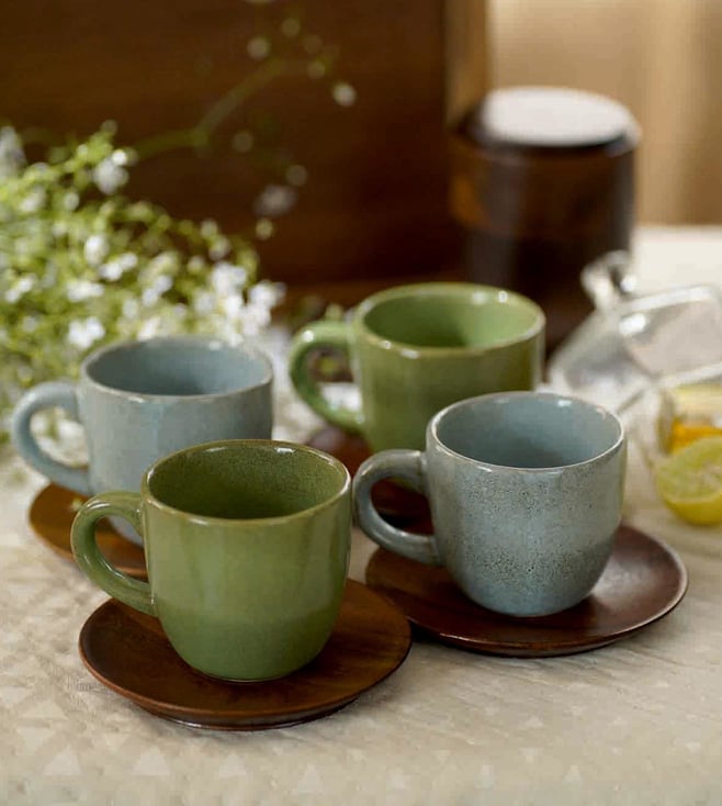 Buy Courtyard Green & Brown Ceramic & Wood Tea Cups with Saucer Set