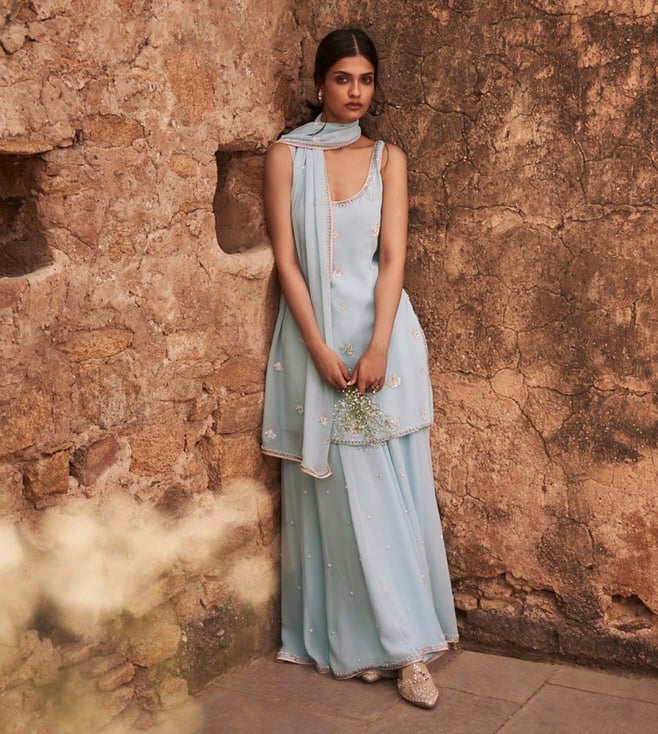anita dongre blue dress Girls Textured Collared Dress