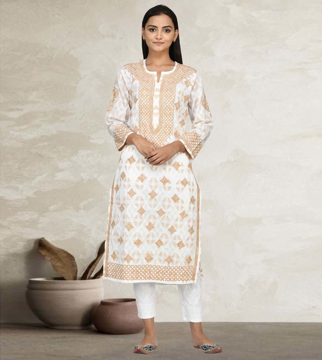 Buy The Chikankarists White & Beige Printed Cotton Chikankari Kurta only at Tata CLiQ Luxury