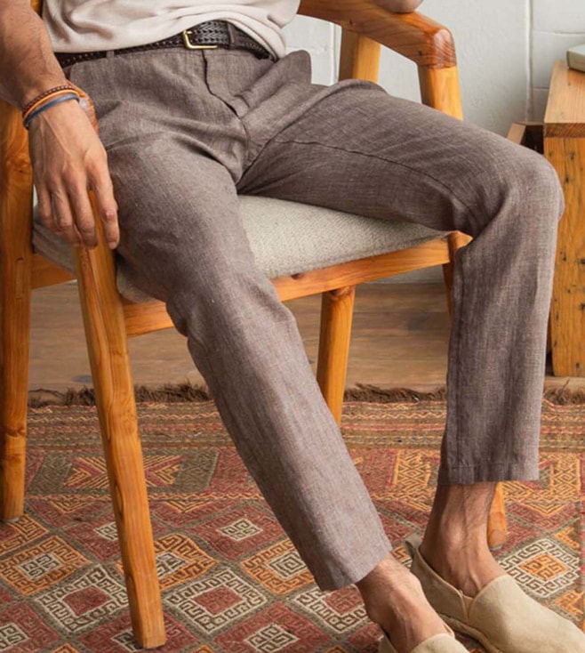 Buy The Indian Garage Co Men Brown Slim Fit Linen Blend Trousers - Trousers  for Men 20554194 | Myntra