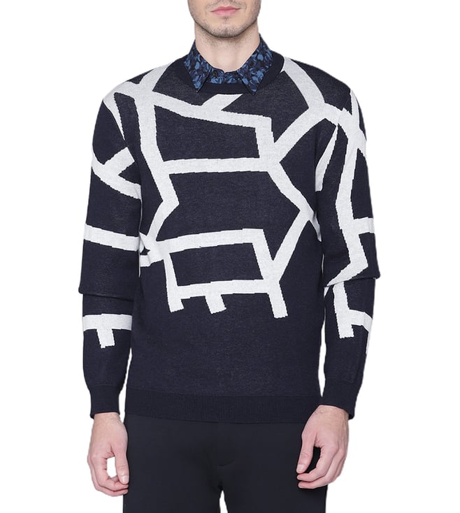 LOUIS VUITTON blue white wool blend STRIPED Crewneck Sweater L at