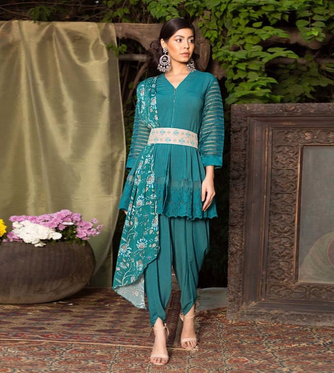 Buy Draped dhoti pants and cape set in green Designer Wear  Ensemble