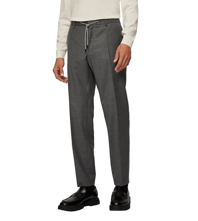 Buy Boss Virgin Wool Slim Fit Pleated Trousers with Drawstring Waist   Black Color Men  AJIO LUXE
