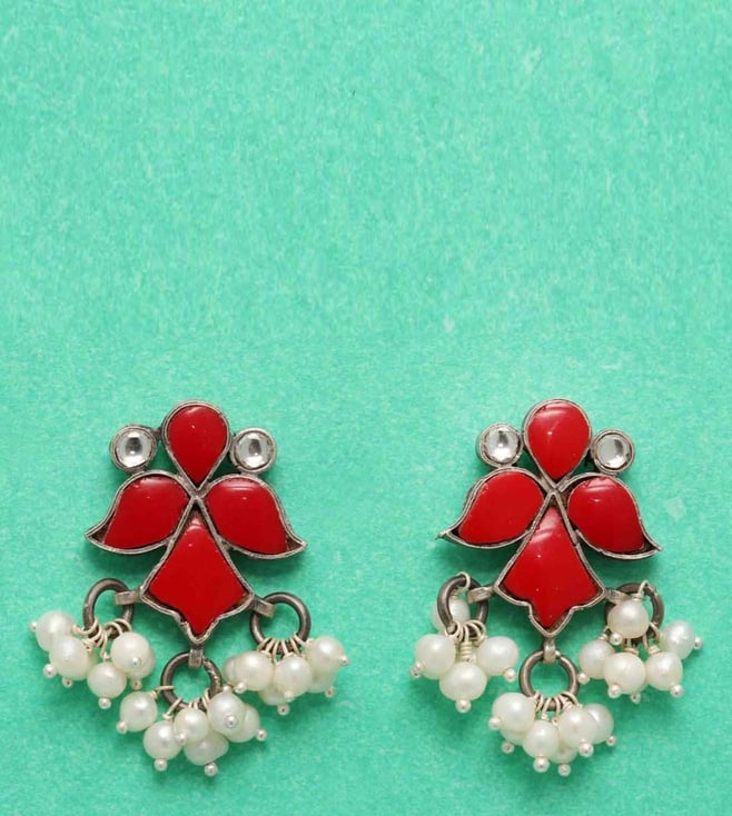 silver earrings with red stone