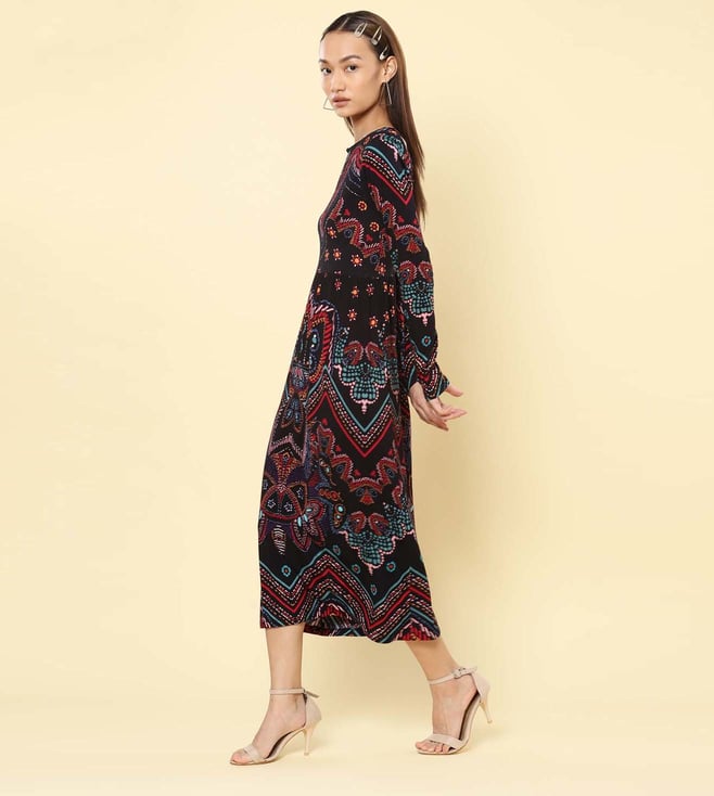 Buy Label Ritu Kumar Black Jersey Floral Print Maxi Dress For Women