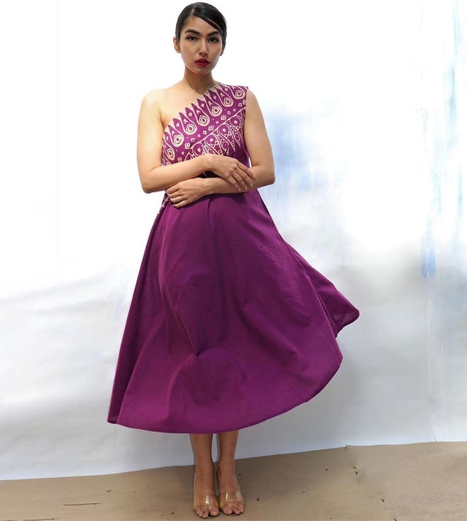 Aawari Women Charming Purple Floral Sweetheart Neck Dress
