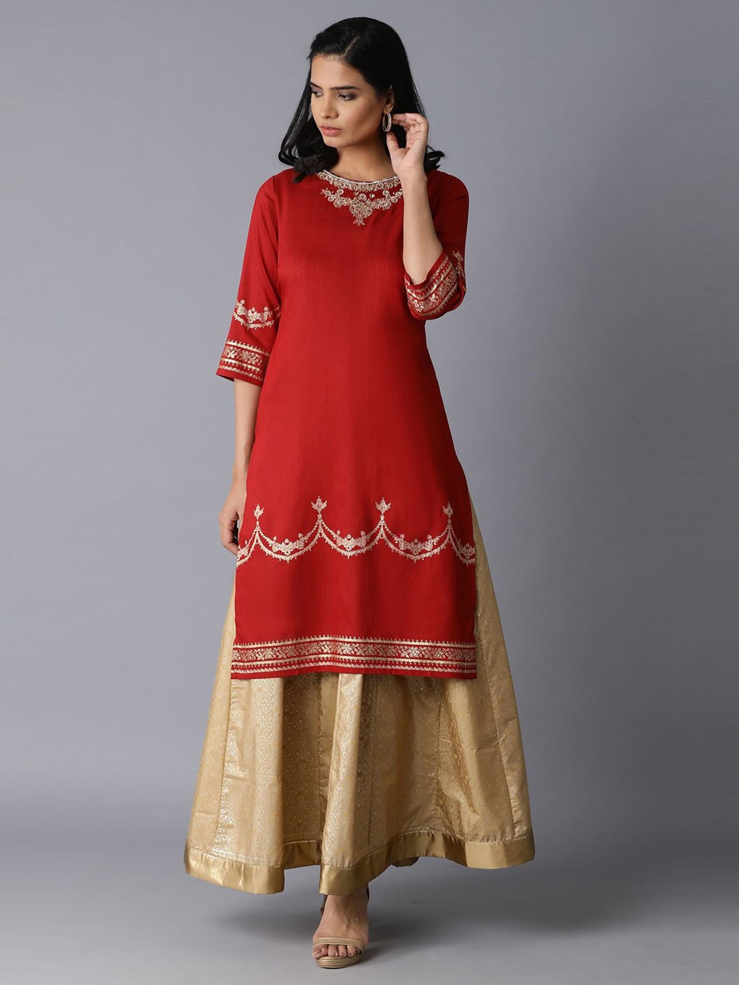 Red Modal Foil Print V Neck Kurti With Floral Print Palazzo  Etalica