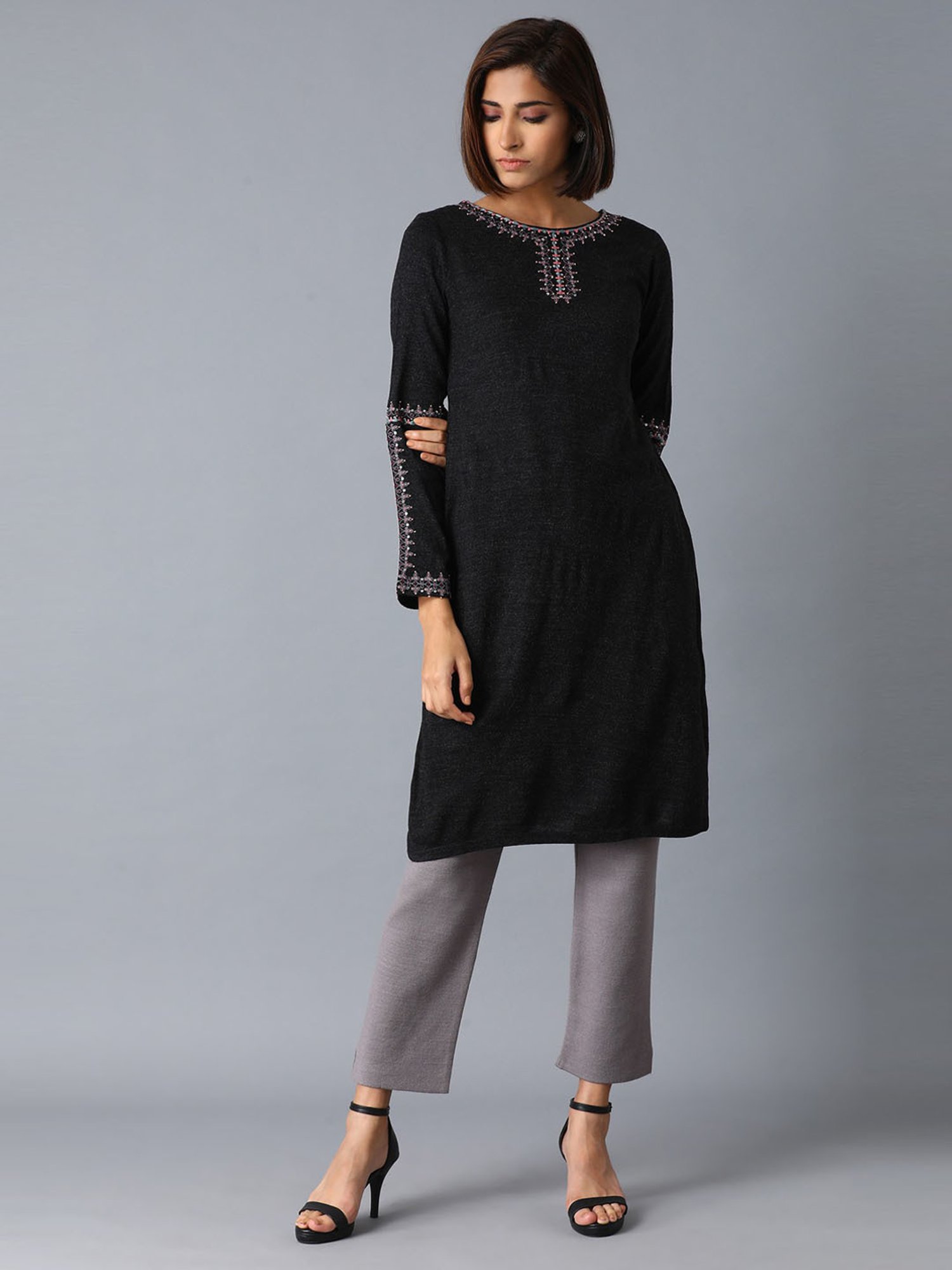 Buy KASHISH Dark Grey Embroidered Viscose Blend Round Neck Women's Calf  Length Kurta | Shoppers Stop