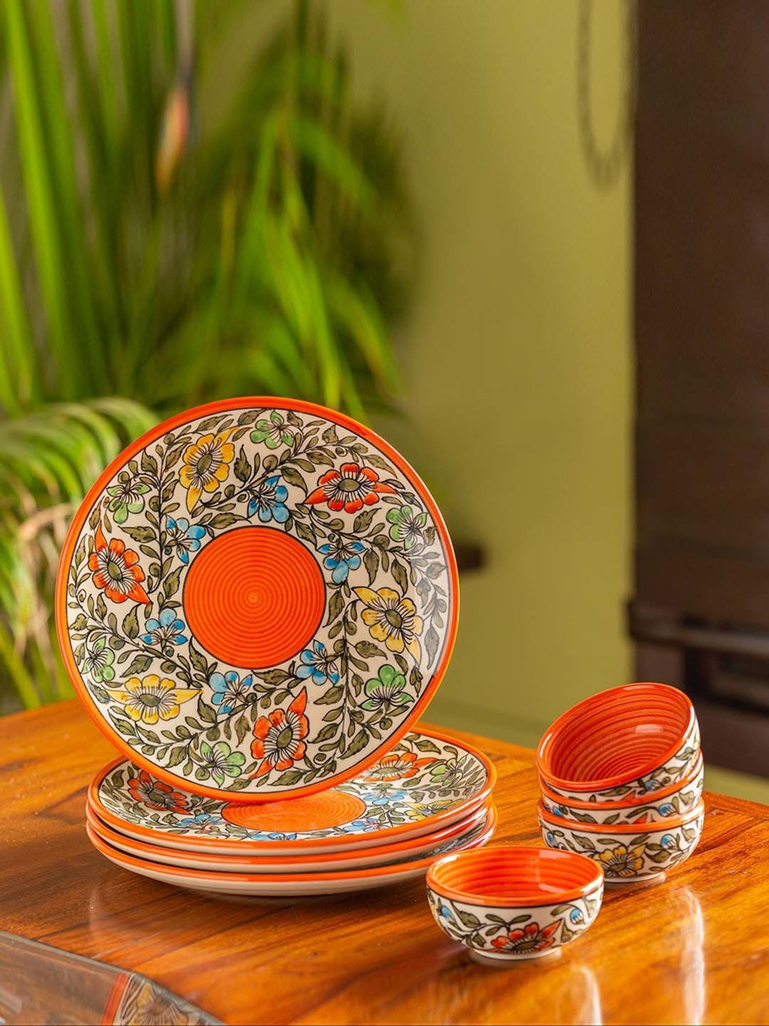 Hand-Painted Ceramic Dinner Plates With Katoris (8 Pieces, Serving for 4, Microwave  Safe)