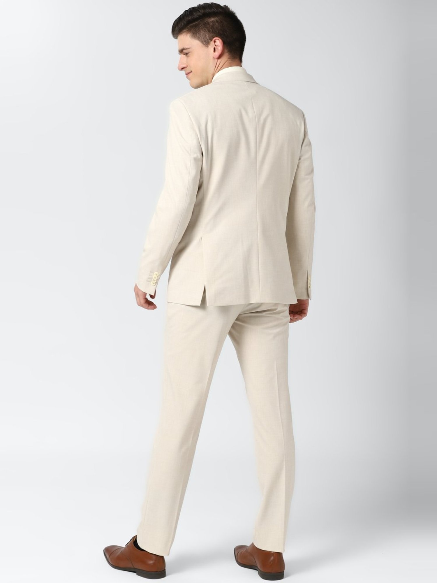 Moon Mist Beige Plain-Solid Premium Cotton Double Breasted Suit For Men.