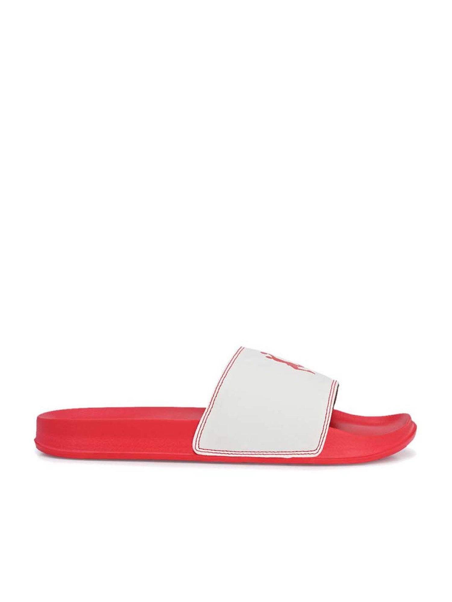 Nike red white and best sale blue slides