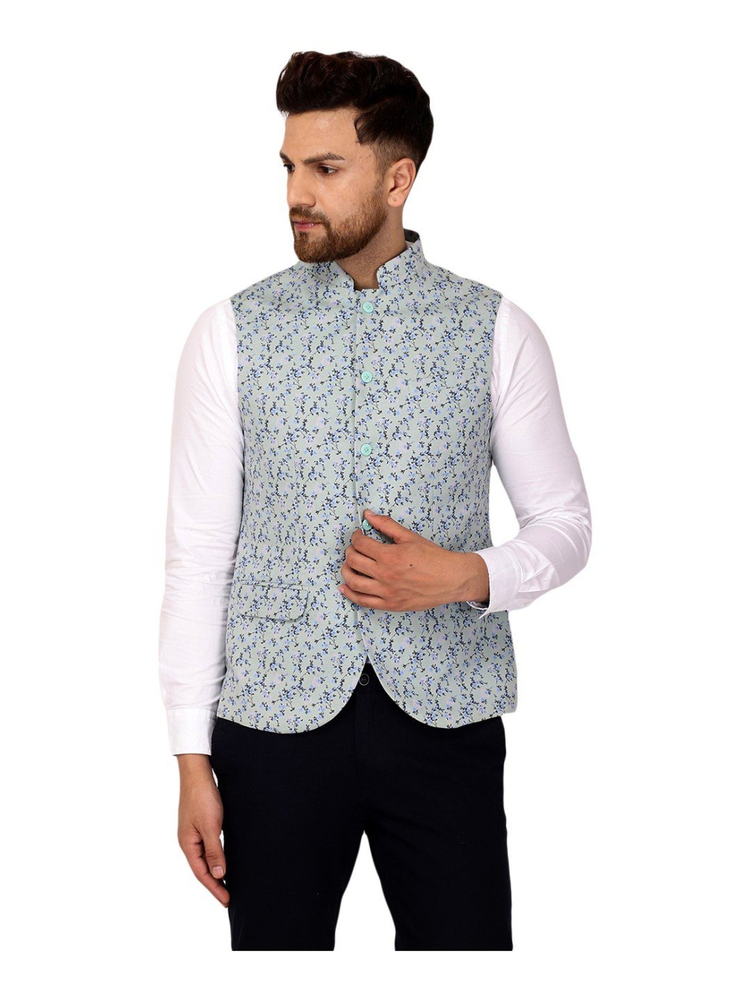 Blue Printed Kurta Pajama with Solid White Nehru Jacket | shaadioutfitters