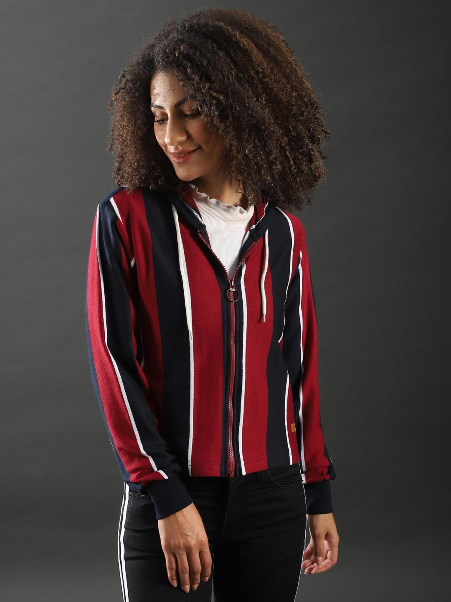 Buy Campus Sutra Red and Black Striped Hoodie for Women Online @ Tata CLiQ