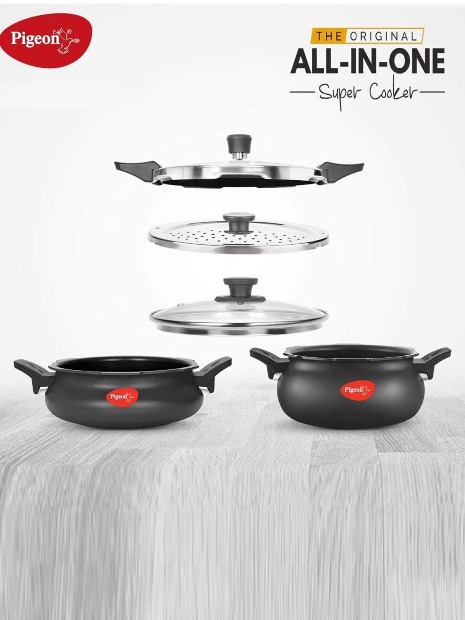 Pigeon Black Aluminium 29 cm Induction Friendly Pressure Cooker With Lid  Strainer (5 L) Set of