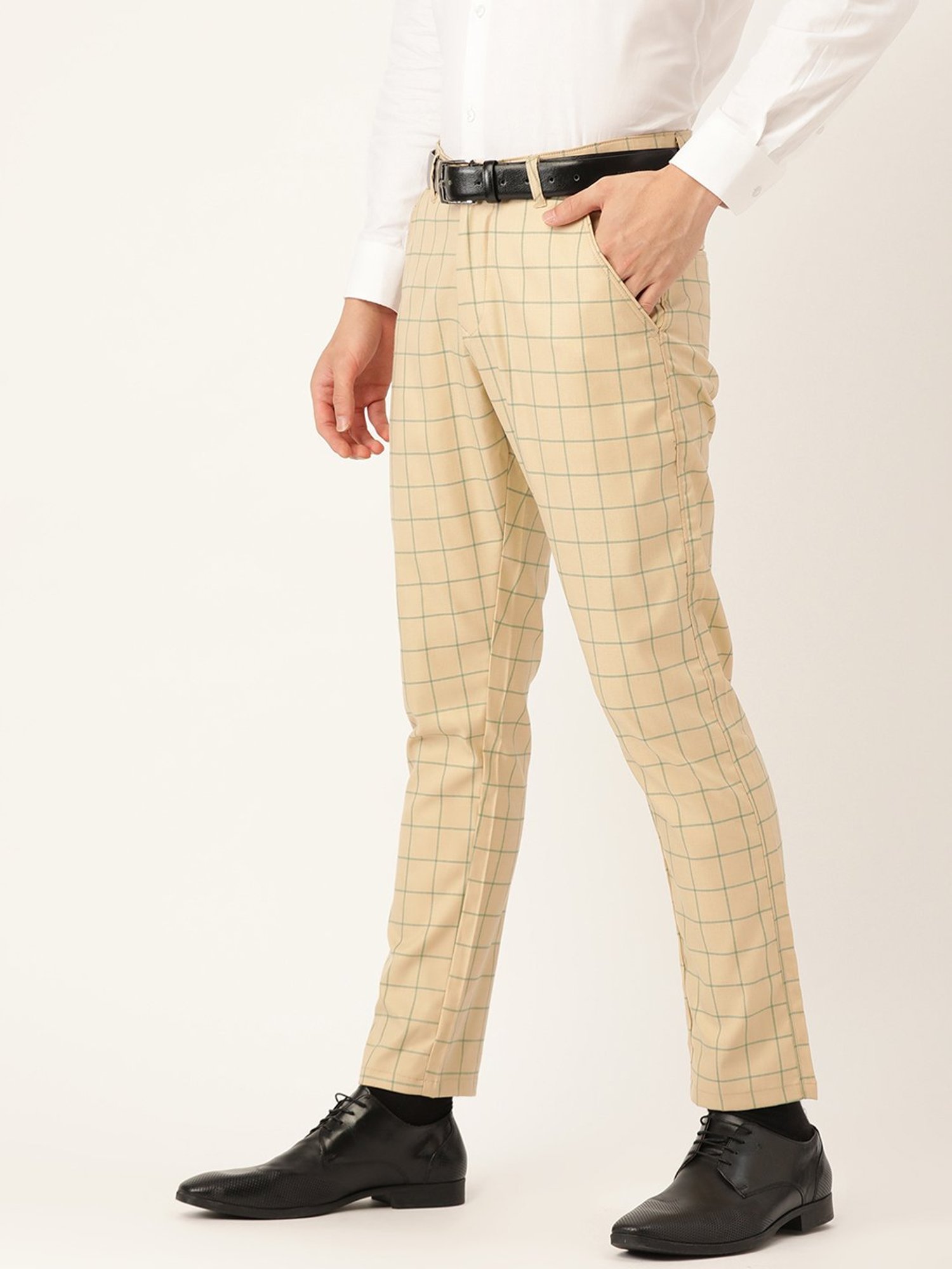 Men Cream Regular Fit Check Flat Front Formal Trousers | Louis Philippe |  Channi Rama | Jammu